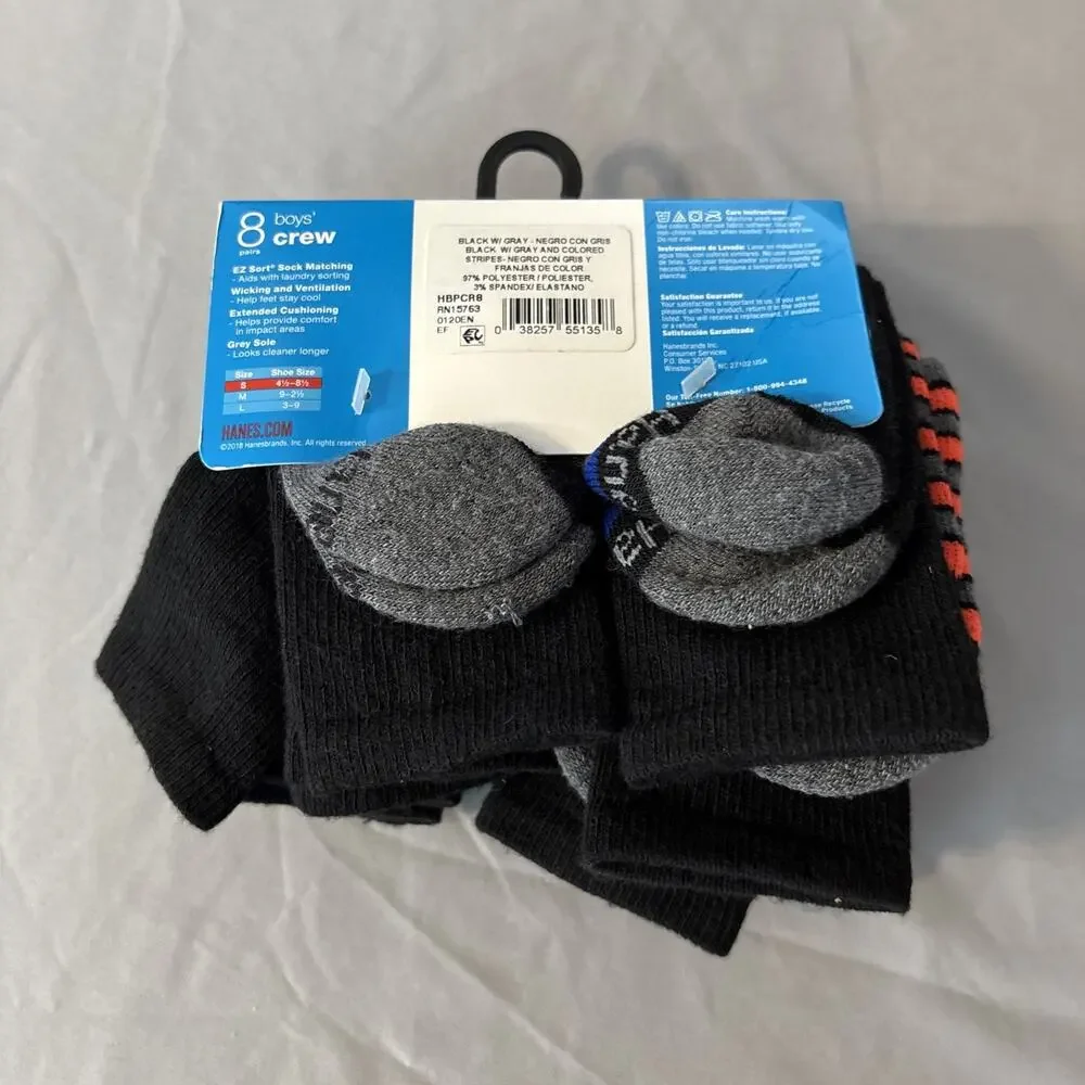 Hanes Boys 8 Pairs Premium Crew Athletic Socks Wicking, Size S 4.5- 8.5